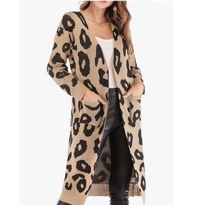 Vestidos Leopard print duster open knitted cardigan sweater with 2 front pockets